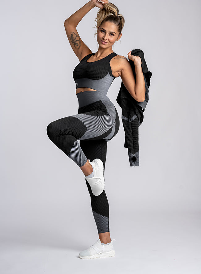 Megasstic valkyrie grey top, jacket and leggings one leg up